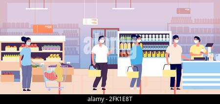 Coda nella cassa del supermercato. Negozi di alimentari clienti carrelli. Le persone in maschere protettive mantengono la distanza. Pandemia o epidemia globale di coronavirus Illustrazione Vettoriale