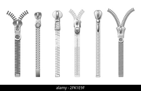 Cerniere argentate. Trazione in metallo realistica isolata. Chiusure in tessuto, accessori per jeans, borse, cappotti e stivali. Set vettoriale elementi indumenti Illustrazione Vettoriale