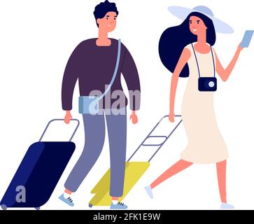 Turisti felici. Vacanza estiva, coppia di viaggi weekend con valigie. Uomo donna piatto con borse caratteri vettoriali Illustrazione Vettoriale