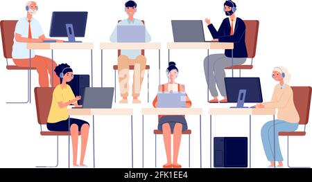 Caratteri del call center. Contattare il servizio di assistenza, sorridendo l'operatore telefonico con l'auricolare. Operatore aziendale, illustrazione vettoriale hotline del cliente Illustrazione Vettoriale