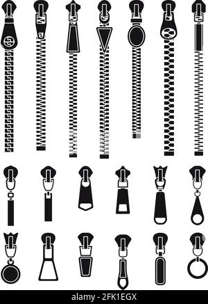 Silhouette con zip. Chiusura a strappo con zip in tessuto, chiusure isolate per abiti. Fibbia di trazione nera di moda, pantaloni sartoria accessori set vettoriale Illustrazione Vettoriale