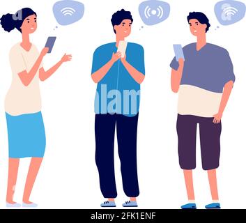 Persone che utilizzano telefoni. Uomo donna piatto con smartphone cerca wi-fi. Isolati studenti di cartoni animati, adolescenti che chiacchierano in social network illustrazione vettoriale Illustrazione Vettoriale