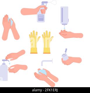 Disinfezione. Lavarsi le mani, asciugare le mani e l'igiene. Sanificazione spray detergente gel di sapone e disinfettante flacone. Insieme di vettori di protezione antivirus Illustrazione Vettoriale