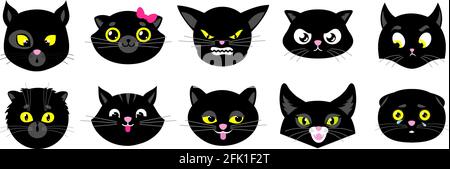 I gatti neri si affacciano. Cuccioli piatti isolati, avatar di gatto halloween. Adesivi emozionali per animali. Cute emoji caratteri clipart. Divertente animale domestico teste vettore Illustrazione Vettoriale