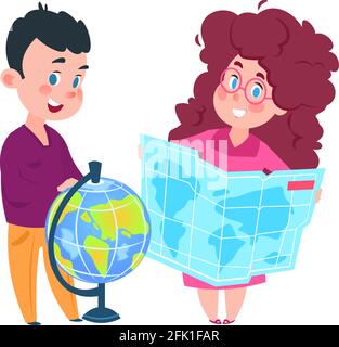 Lezione di geografia. Ragazza carina con mappa e ragazzo con globo. Cartoon isolato piccolo gioioso schoolchildren illustrazione vettoriale Illustrazione Vettoriale