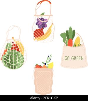 Borse della spesa. Borsa per la spesa, confezione di negozi di prodotti biologici. Frutta fresca confezioni di mercato di verdure, piatto vegetariano di doodle, banana di cavolo Illustrazione Vettoriale