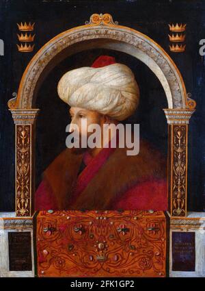 Mehmed II Ritratto del sultano Ottomano, Mehmed II (1432-1481), comunemente noto come Mehmed il Conquistatore, di gentile Bellini, olio su tela, c.1480 Foto Stock