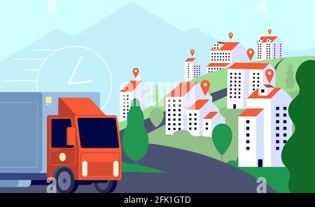 Consegna camion in città. Posta commerciale, trasporto veloce espresso mobile. Servizi di tracciamento GPS, illustrazione vettoriale logistica intelligente Illustrazione Vettoriale