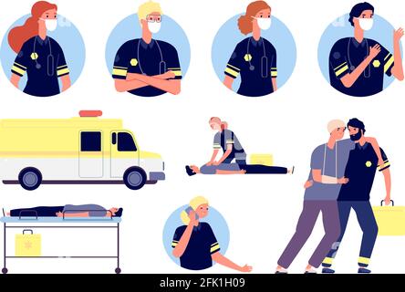 Aiuto di emergenza. Personaggi paramedici, pronto soccorso e salvataggio di persone. Team medico di lavoro, ambulanza e medici avatar. Personale ospedaliero in protezione Illustrazione Vettoriale