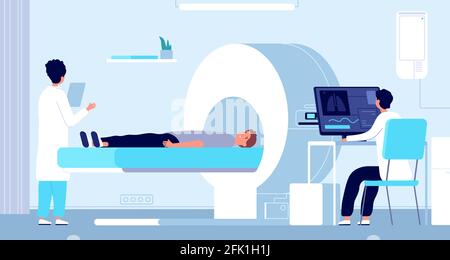 Imaging di risonanza magnetica. Apparecchiatura per RM, medico e paziente in macchina per tomografia. Radiologia ospedaliera, illustrazione vettoriale della procedura di scansione Illustrazione Vettoriale