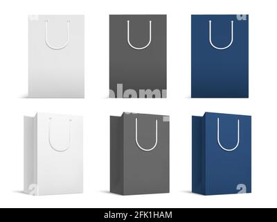 Borsa shopping realistico mockup. Confezioni di carta nera bianca, parte anteriore isolata in 3D e confezione regalo vuota. Set di vettori di pacchetti vuoti Illustrazione Vettoriale
