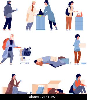 Persone senza casa. Uomo mendicante, povero uomo ha bisogno di aiuto e carità. Cartoni animati isolati povertà sporchi e affamati rifugiati illustrazione vettoriale Illustrazione Vettoriale