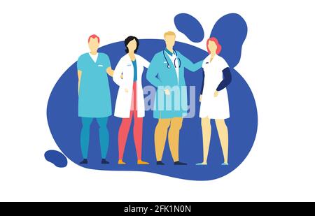 Gruppo di personale medico ospedale in piedi insieme.disegno piatto illustrazione di stile su sfondo bianco.vari lavoratori di medicina maschile e femminile. Illustrazione Vettoriale