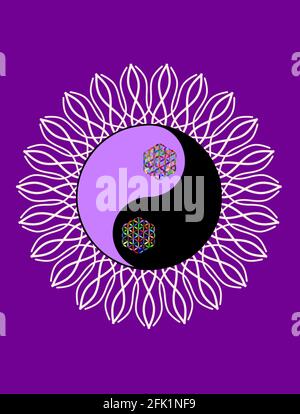 Sfondo spirituale per la meditazione con simbolo Yin yang e mandala isolato in sfondo a colori Foto Stock