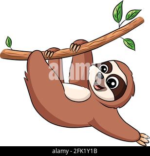 Cute Sloth appeso su un'illustrazione cartoon albero Illustrazione Vettoriale