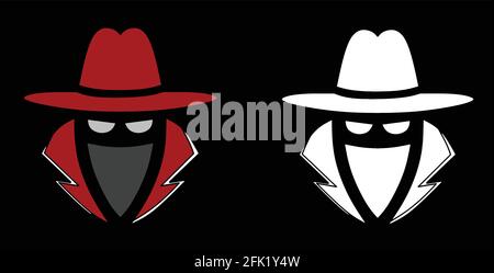 il logo spy contiene cappello, maschera, occhio e cappotto, disegno di concetto Illustrazione Vettoriale