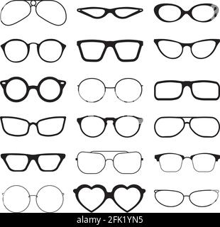 Occhiali per luce solare. Occhiali alla moda montature in plastica nera modelli retrò protezione solare Cool eye vision sagome vettoriali Illustrazione Vettoriale