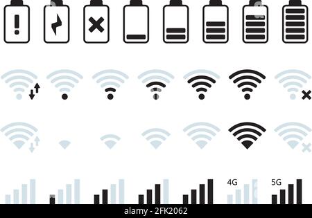 Barra dell'interfaccia del telefono. Rete mobile wi-fi 5g segnale di stato della batteria simboli raccolta vettoriale Illustrazione Vettoriale