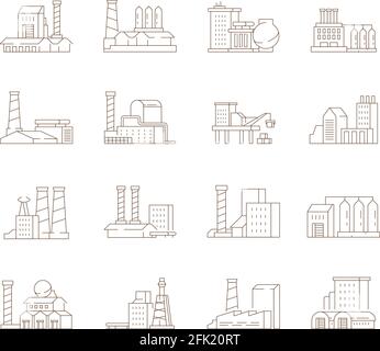 Simboli di fabbrica. Città industriale fumo tubo energia produzione edifici vapore nuvole vettore icona set Illustrazione Vettoriale