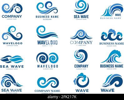 Logo Wave. Simboli grafici dell'oceano o dell'acqua di mare corrente stilizzati per il vettore di identità aziendale Illustrazione Vettoriale