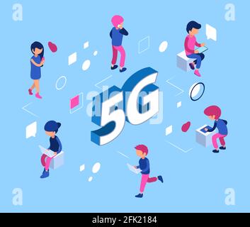 Concetto di rete 5G. Rete wifi isometrica da 5 g. Utenti vettoriali in 3D con smartphone, computer portatili, tablet Illustrazione Vettoriale