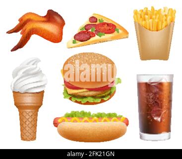 Fast food realistico. Pranzo pizza pollo hamburger hot dog bevande fritte vettore spazzatura cibo foto Illustrazione Vettoriale