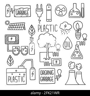 Doodles di energia. Elettricità generazione verde impianto di stoccaggio carburante estensione fiamme edifici fabbrica icone vettoriali Illustrazione Vettoriale