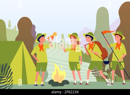 Camping scouts. Falò nella foresta e bambini felici in uniforme seduto vettore avventura flat concetto Illustrazione Vettoriale