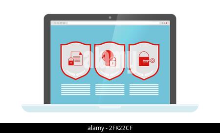 Protezione dei dati. Protezioni di sicurezza Web sullo schermo del computer portatile. Computer vettoriale - icone di sicurezza Internet Illustrazione Vettoriale