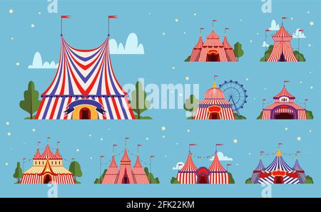 Tenda Circus. Eventi festival o parco di festa tenda con strisce bordi delimita illustrazioni vettoriali Illustrazione Vettoriale