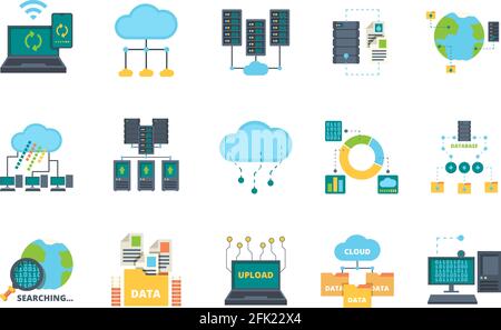 Icone del database. Server Cloud Management Network processi sicurezza basi informatiche vettoriali online flat pictures set Illustrazione Vettoriale