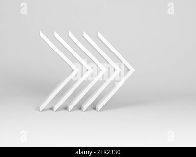 Installazione degli angoli in uno studio vuoto bianco. Frecce di avanzamento a destra, illustrazione del rendering 3d Foto Stock