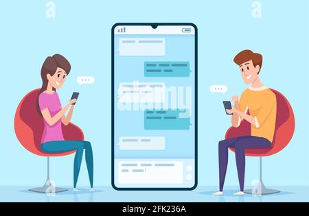 Utenti di messaggistica. Coppia di personaggi maschili e femminili online dating chatting dialogo sicuro su smartphone vettore concetto Illustrazione Vettoriale