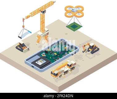 Costruzione di app. Schema micro computer gru per dispositivi smartphone riparazione costruzione telefono vettore isometrico concetto Illustrazione Vettoriale