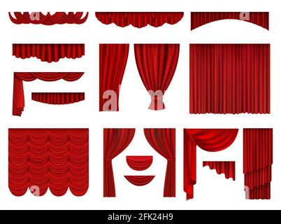 Tende rosse. Set di collezioni realista vettoriale di tessuti scenografie d'opera decorative tende Illustrazione Vettoriale