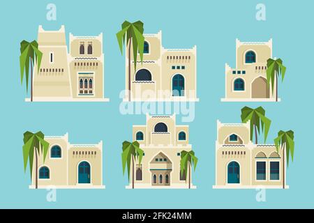 Antiche case arabiche. Vecchi edifici tradizionali musulmani in mattoni deserto oggetti architettonici moschea vettore piatto collezione Illustrazione Vettoriale