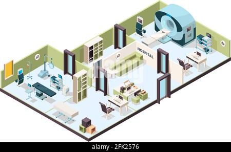 Interno della clinica. Uffici ospedalieri moderni sale d'attesa all'interno degli edifici sala con mobili vettoriali isometrici Illustrazione Vettoriale