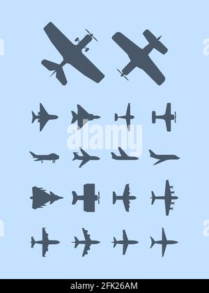 Silhouette per aerei. Aereo per i viaggiatori Jet trasporto vettore aviazione icone Illustrazione Vettoriale