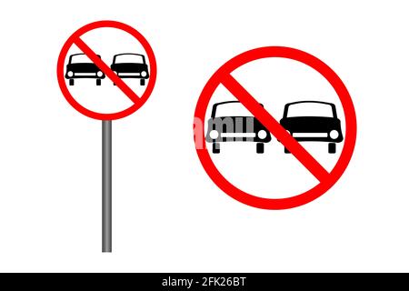 Segnale stradale divieto di sorpasso isolato su sfondo bianco. Icona Proibition Road in stile piatto. Simbolo delle informazioni stradali. Illustrazione vettoriale Illustrazione Vettoriale
