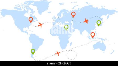 Rotta aerea. Mappa mondiale con pittogrammi di piani e forme viaggio direzione percorso in cielo vettore sfondo Illustrazione Vettoriale