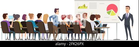 Conferenza aziendale. I dirigenti seduti nella sala conferenze ascoltano il discorso del vettore del gruppo esecutivo pubblico del lettino di affari Illustrazione Vettoriale