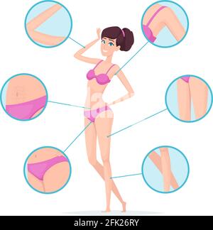 Depilazione della donna. Ascelle per la rimozione dei peli del corpo femminile e infografiche vettoriali di cartoni animati Illustrazione Vettoriale