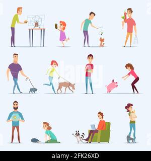 Proprietari di animali. L'acquario del cucciolo del cane pesca le persone con gli animali domestici graziosi vettori di personaggi cartoni animati Illustrazione Vettoriale