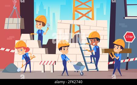 Piccoli costruttori. Ragazzi divertente fare lavoro professionale costruzione casco vettore background Illustrazione Vettoriale