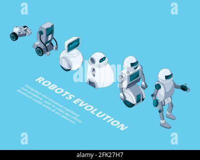 Evoluzione dei robot. Androidi caratteri metallici digitali vettore di sviluppo robotico isometrico Illustrazione Vettoriale