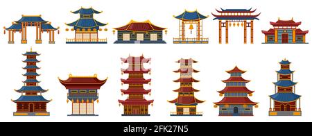 Edifici tradizionali cinesi. Edifici tradizionali asiatici, porta pagoda, tempio e palazzo patrimonio vettoriale set di illustrazione. Orientale antico Illustrazione Vettoriale