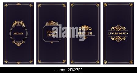 Carte damascate ornate. Biglietto d'oro per matrimoni o invito, eleganti biglietti d'auguri, set di illustrazioni vettoriali. Design floreale damascato decorativo Illustrazione Vettoriale