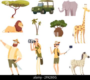 Safari africano. Animali selvatici viaggio auto kenya giungla personaggi vettore cartoon set Illustrazione Vettoriale