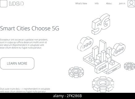 wireless 5g. Velocità di telecomunicazione online nuvole internet in città innovazione tecnologia di trasmissione vettore linea landing page Illustrazione Vettoriale