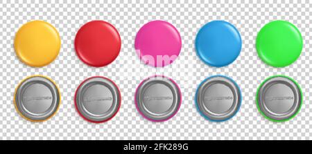 Pulsanti PIN. Badge rotondi, magneti colorati circolari. Rosa, rosso e giallo realistico pin vettoriali isolati mockup Illustrazione Vettoriale